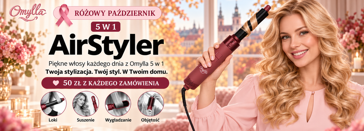 Omylla AirStyler 5 w 1 — loki, suszenie, wygładzanie i objętość. Różowy Październik.