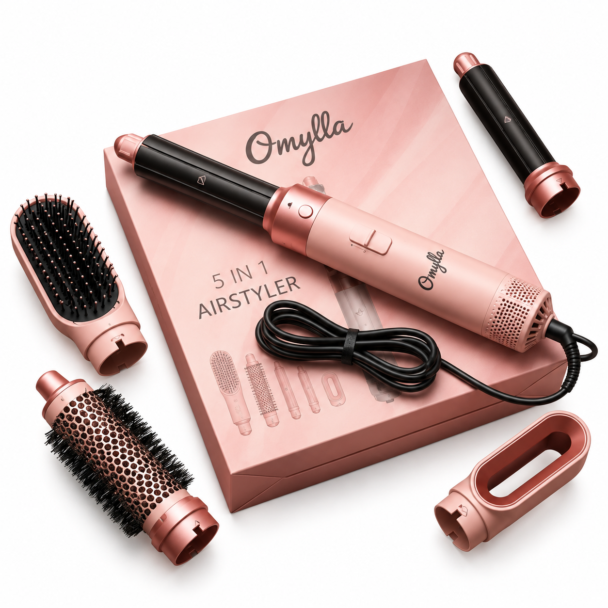 Różowy Omylla AirStyler 5 w 1 z pięcioma końcówkami i pudełkiem